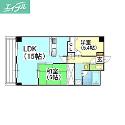 グリーンビレッジ北方 2階2LDKの間取り
