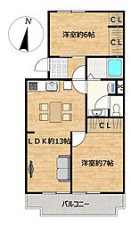 日榮ハイム南浜松1号棟 2LDKの間取図画像