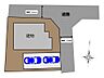 玄関：【敷地配置図】敷地内のイメージ図。敷地は角地で前面道路は北側幅員約6.1Mの公道と東側幅員約4Mの公道に面しています。駐車スペースは車庫を解体して1台から2台へ拡張。