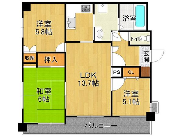 ヴァンヴェール甲風園 ｜兵庫県西宮市甲風園2丁目(賃貸マンション3LDK・2階・68.25㎡)の写真 その2