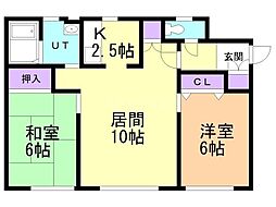 JR学園都市線 篠路駅 徒歩12分の賃貸アパート 1階2LDKの間取り