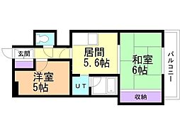 朝日プラザ偕楽園 2DKの間取図画像