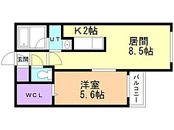 シャトーライフ近代美術館前1 2階1LDKの間取り