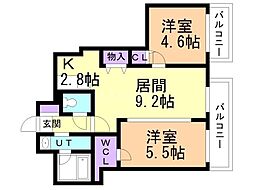 レジディア南一条イースト 2LDKの間取図画像