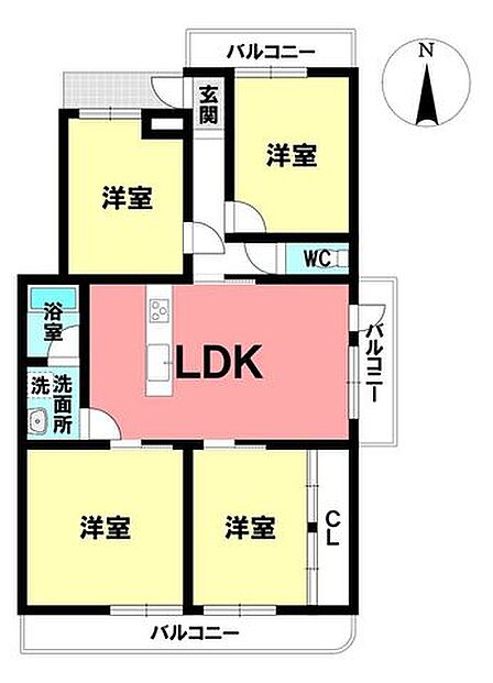 4LDKの間取りです。各居室が広々としており、家具を置いてもゆったりとお過ごしいただけそうです。