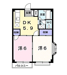 エルディム小久保 2階2DKの間取り