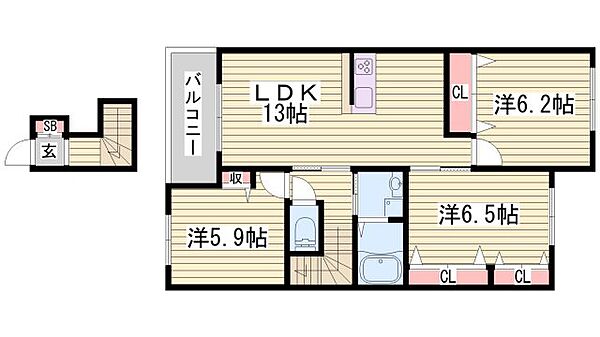 シャーメゾン南条Ｂ棟 ｜兵庫県姫路市南条1丁目(賃貸アパート3LDK・2階・73.95㎡)の写真 その2