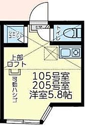 ユナイト中野島ジャン・レノ 2階ワンルームの間取り
