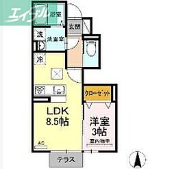 pecher奥田 1階1LDKの間取り