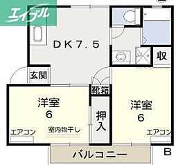 グリーンガーデンハイツB 2DKの間取図画像