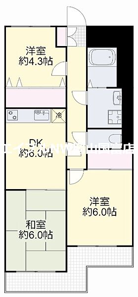 岡山県岡山市中区原尾島3丁目(賃貸マンション3DK・4階・56.90㎡)の写真 その2