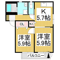 カーサヴィエント 2Kの間取図画像