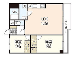 カルチェ・ヴェールE棟 2LDKの間取図画像