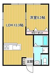 岡本アパート 2階1LDKの間取り