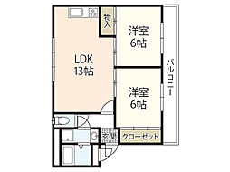 ロイヤルヨシヤマ 2階2LDKの間取り