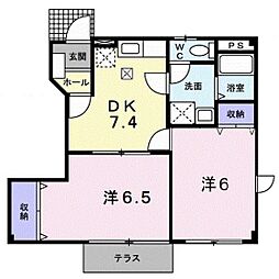 ソレアード石井 B 1階2DKの間取り