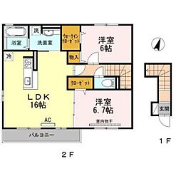 サントーク東原　E棟 2階2LDKの間取り