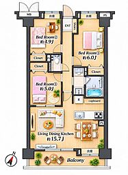 プレステート石川台 3LDKの間取図画像