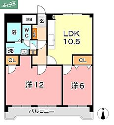 清幸マンション野田 2LDKの間取図画像