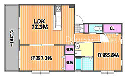 JR津山線 法界院駅 徒歩11分の賃貸マンション 3階2LDKの間取り