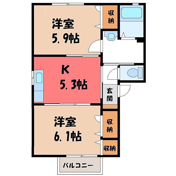 サニーヒルズ A ｜茨城県筑西市市野辺(賃貸アパート2K・2階・42.70㎡)の写真 その2