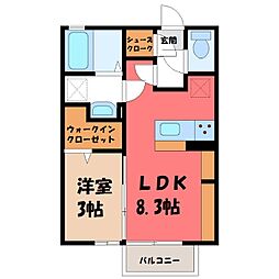 真岡鐵道 下館二高前駅 徒歩8分の賃貸アパート 1階1LDKの間取り