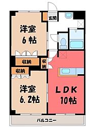 JR東北本線 間々田駅 3.5kmの賃貸マンション 2階2LDKの間取り