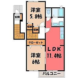 JR水戸線 川島駅 徒歩19分の賃貸アパート 2階2LDKの間取り