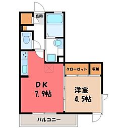 JR東北本線 小山駅 バス13分 小山第三小学校北下車 徒歩4分の賃貸アパート 2階1DKの間取り