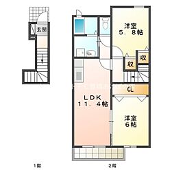 フレシール天伯　Ｃ棟 2階2LDKの間取り