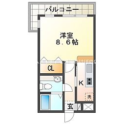 Relive神ノ輪 1Kの間取図画像