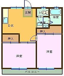 ハイツフォーティーンB棟 2DKの間取図画像
