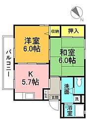 グローリー木村　A棟 1階2Kの間取り
