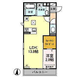 カーサあき亀山A棟 1LDKの間取図画像