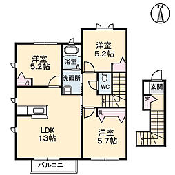エール東原B 3LDKの間取図画像