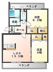 エスポワール美園 3階2LDKの間取り