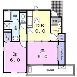 サン・ユウキ旭ケ丘 2DKの間取図画像