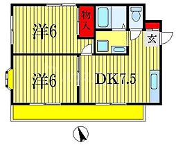 JR総武線 下総中山駅 徒歩5分の賃貸マンション 2階2DKの間取り