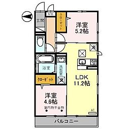 オークリーフ三郷　B 2階2LDKの間取り
