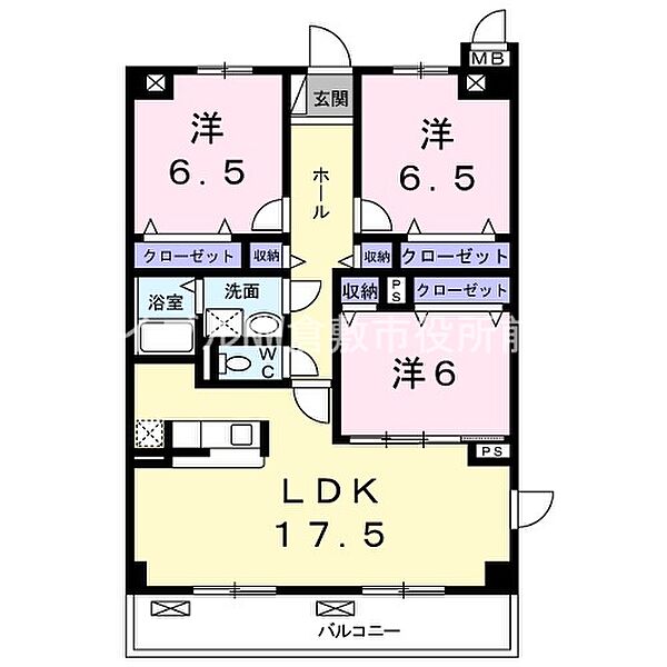 シャン・ド・レギュム ｜岡山県倉敷市老松町5丁目(賃貸マンション3LDK・2階・84.41㎡)の写真 その2