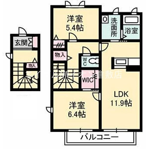 岡山県倉敷市西富井(賃貸アパート2LDK・2階・65.85㎡)の写真 その2