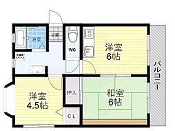 ツインティー木本 2DKの間取図画像