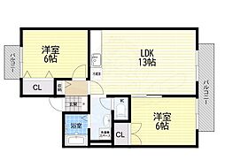 プリシェール 2LDKの間取図画像