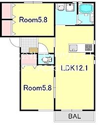 セントロイエル吉永A棟 2LDKの間取図画像