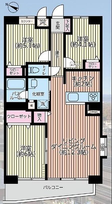 【間取り図】各居室に収納があり明るいお部屋が特徴の間取りです