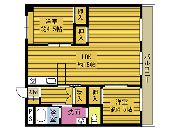 大洲Ｒアパートメント 101｜大分県大分市西新地２丁目(賃貸マンション2LDK・1階・65.61㎡)の写真 その2