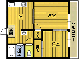 グリーンビル萩原 3階2DKの間取り