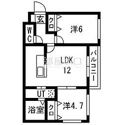 札幌市営東西線 西18丁目駅 徒歩8分の賃貸マンション 4階2LDKの間取り