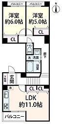 中津リバーサイドコーポD棟 2LDKの間取図画像