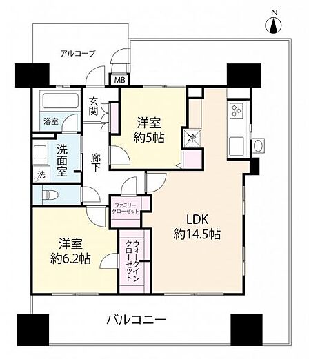 南・東・北の三方角住戸。 約40.63平米の三面バルコニーを備え、陽当たり・通風ともに良好。